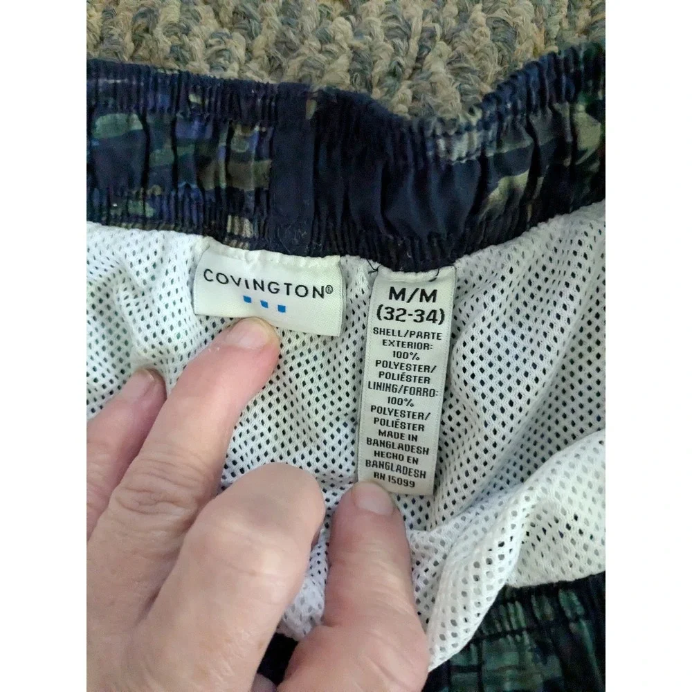 Covington Mens Tropical Sailboat Swim Trunks Navy Blue Palm Mesh Lining Medium